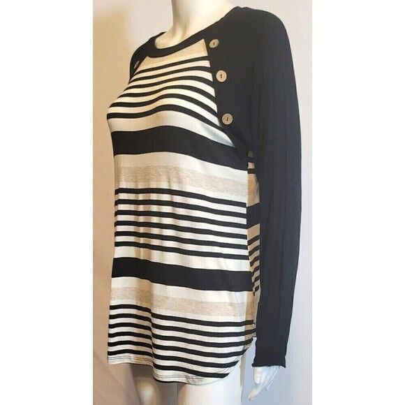 First Look Black White Stripe Crew Neck Long Sleeve T-shirt Top Size M - Picture 3 of 10